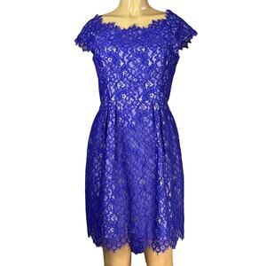 Shoshanna Cecile Eyelash Lace Mini Sheath Dress Cap Sleeve V-Back Blue Size 6